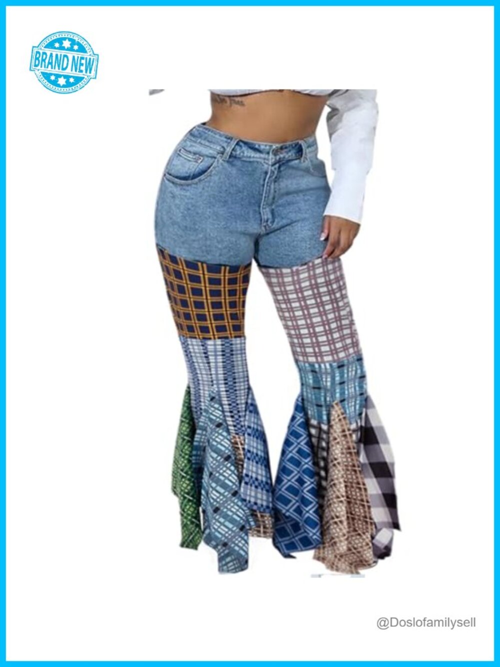 High Waist Patchwork Flare Jeans Plaid Bell Bottom Ruffle Stretch Denim